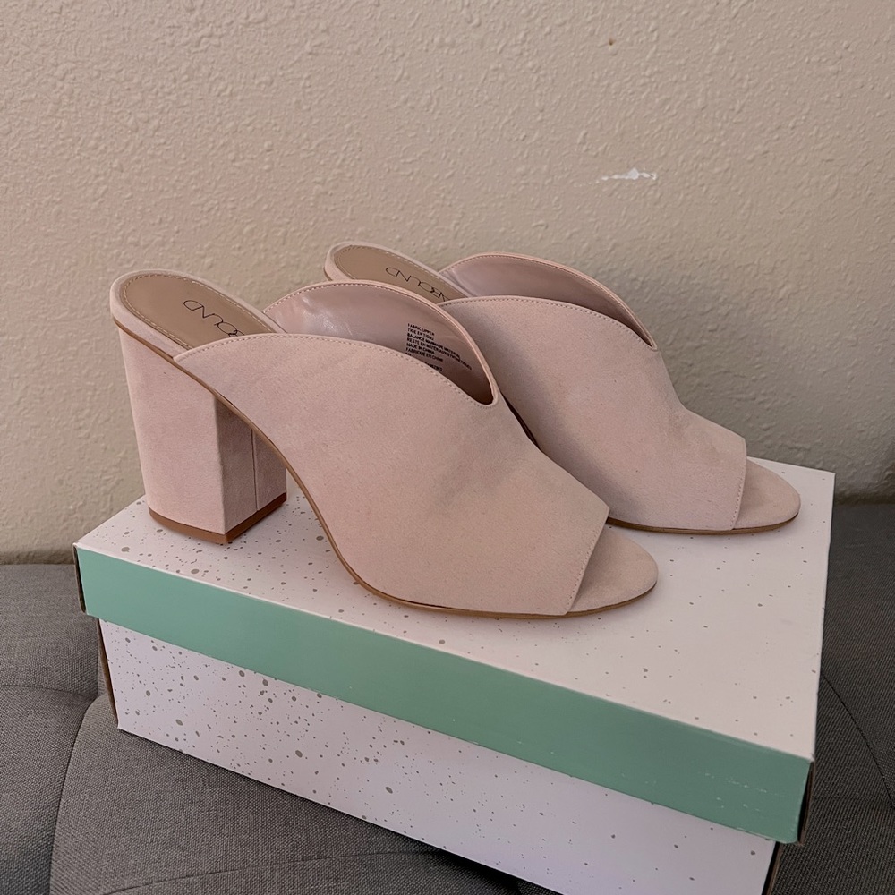 Light pink faux suede mules